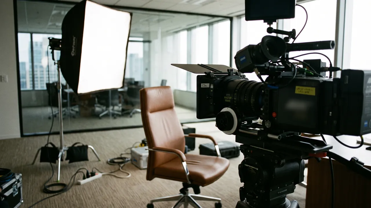 Cinema camera and softbox set up for a corporate interview in an office