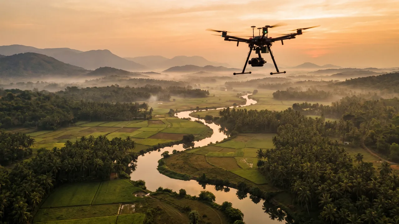 Camera drone over a river winding through paddy fields and coconut groves at sunrise