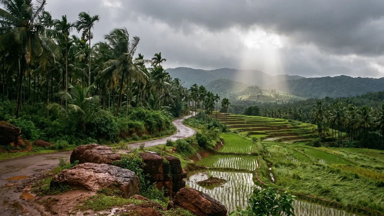 Monsoon paddy terraces and laterite rocks in the hills near Karkala