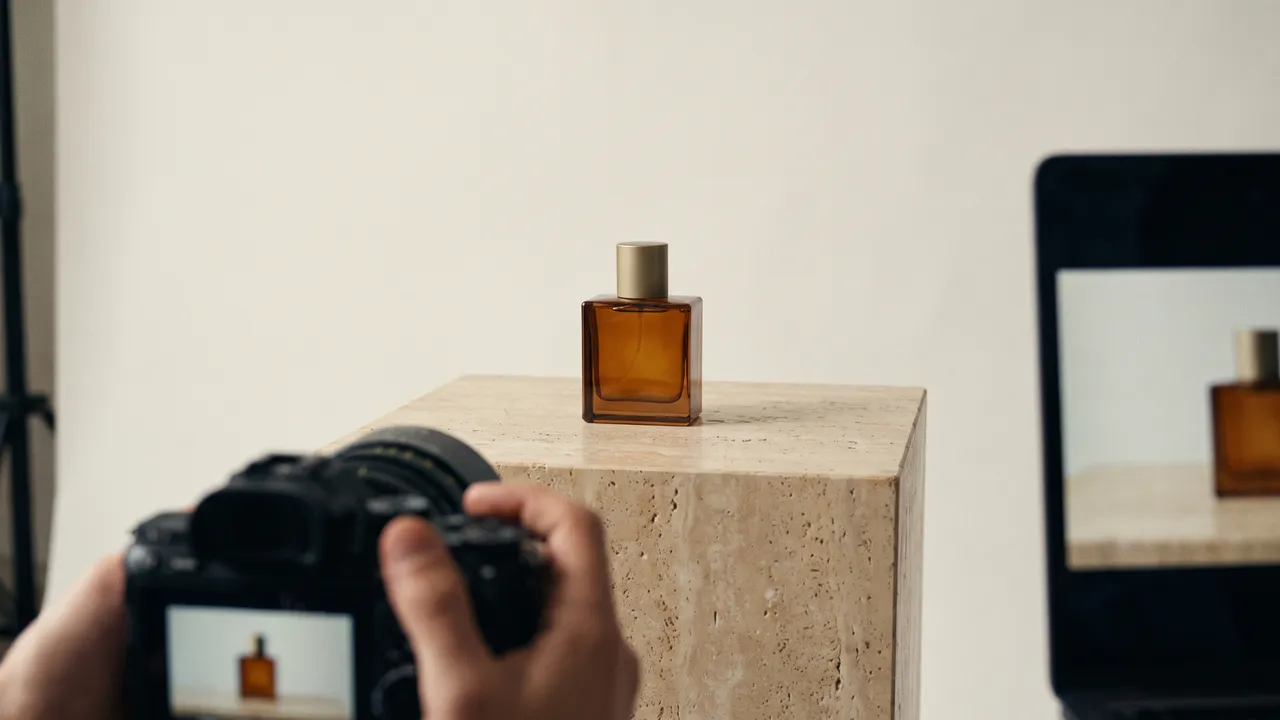 Product photography set with an amber glass bottle on a travertine plinth